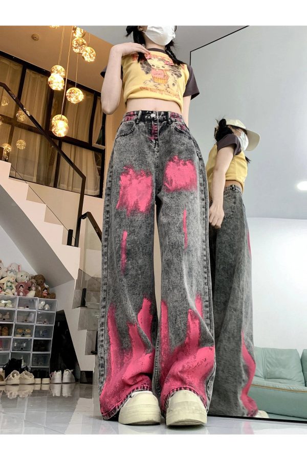 Trendy Y2K Wide-Leg Jeans with Graffiti Splash for Effortless Style