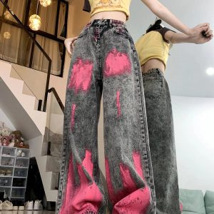 Trendy Y2K Wide-Leg Jeans with Graffiti Splash for Effortless Style