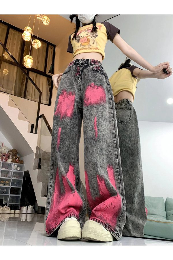 Trendy Y2K Wide-Leg Jeans with Graffiti Splash for Effortless Style