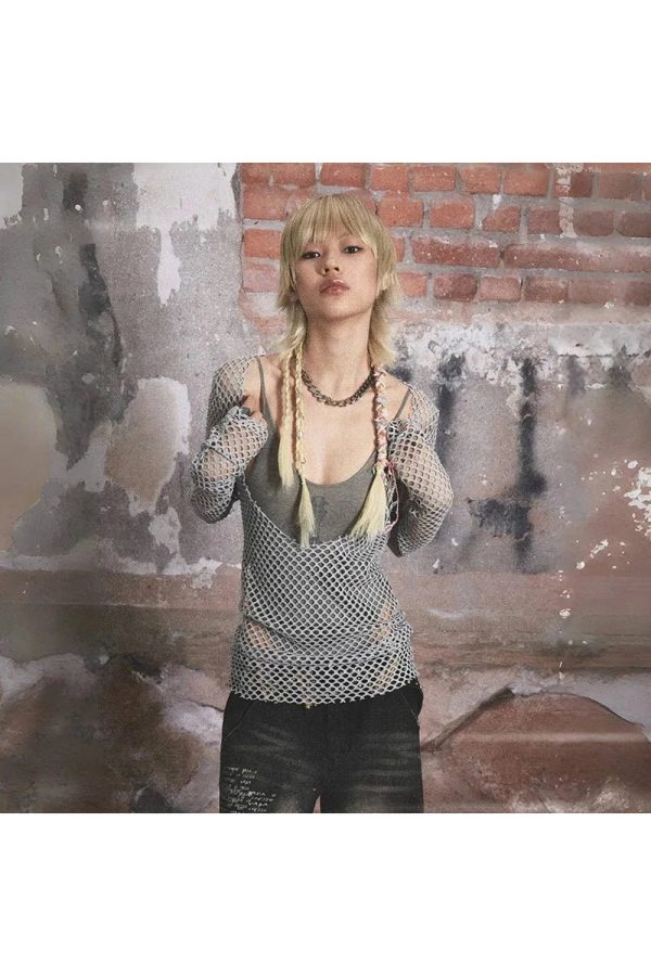 Urban Edge Y2K Fishnet Top: Grunge Aesthetic for Bold Summer Outfits