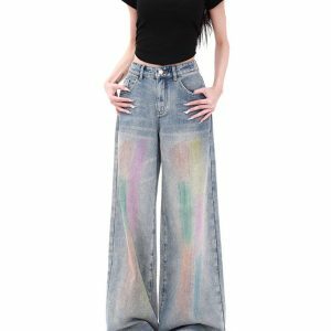 Vintage Brush Stroke Wide Leg Jeans - Y2K Fashion Essential