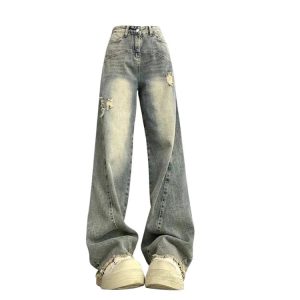 Vintage Fade Distressed Wide-Leg Jeans for Y2K and 90s Fashion Lovers