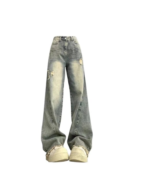 Vintage Fade Distressed Wide-Leg Jeans for Y2K and 90s Fashion Lovers