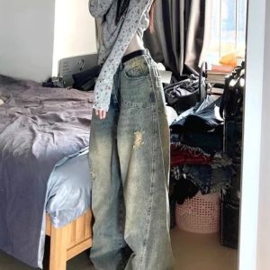 Vintage Fade Distressed Wide-Leg Jeans for Y2K and 90s Fashion Lovers