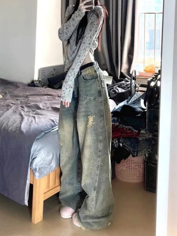 Vintage Fade Distressed Wide-Leg Jeans for Y2K and 90s Fashion Lovers