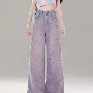 Vintage Lilac Distressed Wide-Leg Jeans for Y2K and 90s Fashion Lovers