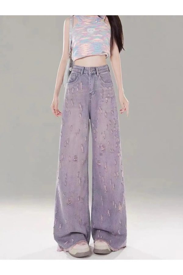 Vintage Lilac Distressed Wide-Leg Jeans for Y2K and 90s Fashion Lovers