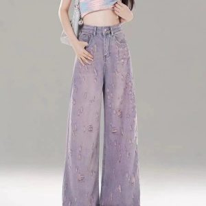 Vintage Lilac Distressed Wide-Leg Jeans for Y2K and 90s Fashion Lovers