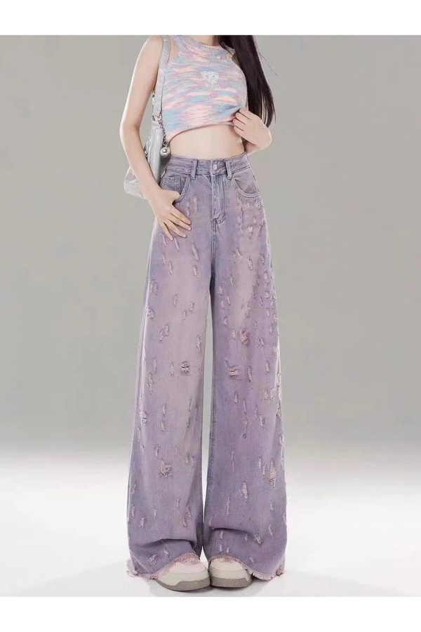 Vintage Lilac Distressed Wide-Leg Jeans for Y2K and 90s Fashion Lovers