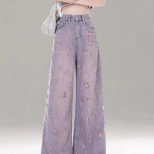 Vintage Lilac Distressed Wide-Leg Jeans for Y2K and 90s Fashion Lovers