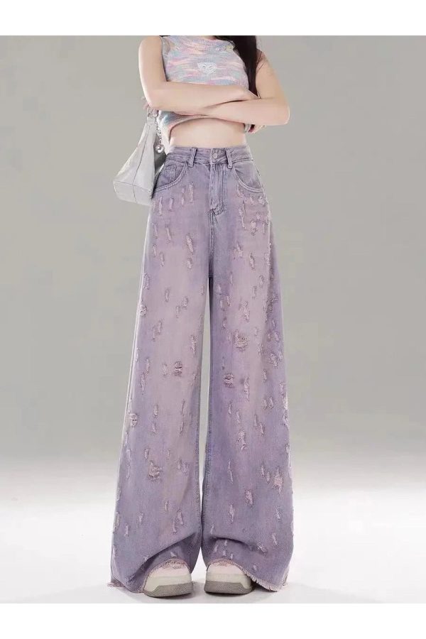 Vintage Lilac Distressed Wide-Leg Jeans for Y2K and 90s Fashion Lovers