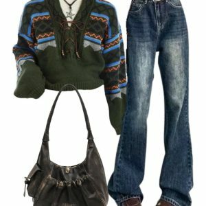 Vintage Wash Flare Jeans & Fair Isle Sweater with Rustic Ruched Bag