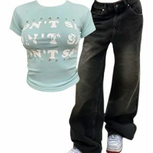 Vintage Washed Baggy Jeans & Studded Graphic Baby Top for Y2K Style