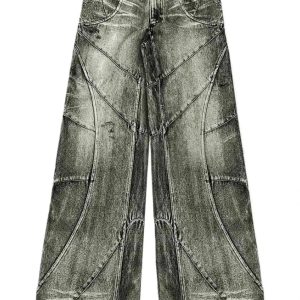 Vintage Washed Patchwork Cargo Jeans: Y2K Grunge Style Essential