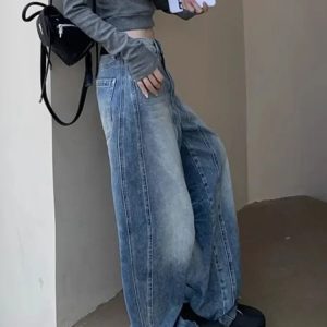 Vintage Washed Wide-Leg Jeans for Y2K Fashion and 90s Aesthetic Style