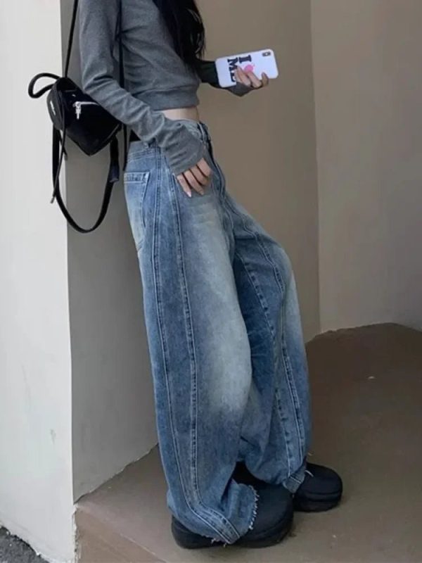 Vintage Washed Wide-Leg Jeans for Y2K Fashion and 90s Aesthetic Style