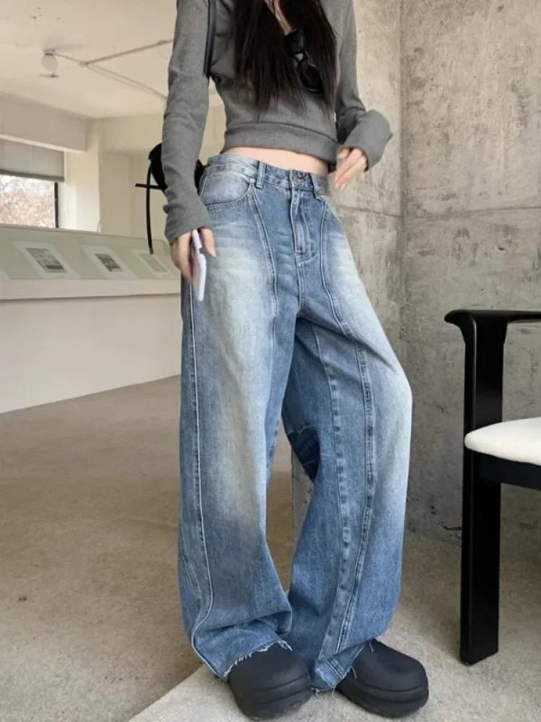 Vintage Washed Wide-Leg Jeans for Y2K Fashion and 90s Aesthetic Style