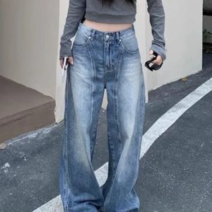 Vintage Washed Wide-Leg Jeans for Y2K Fashion and 90s Aesthetic Style