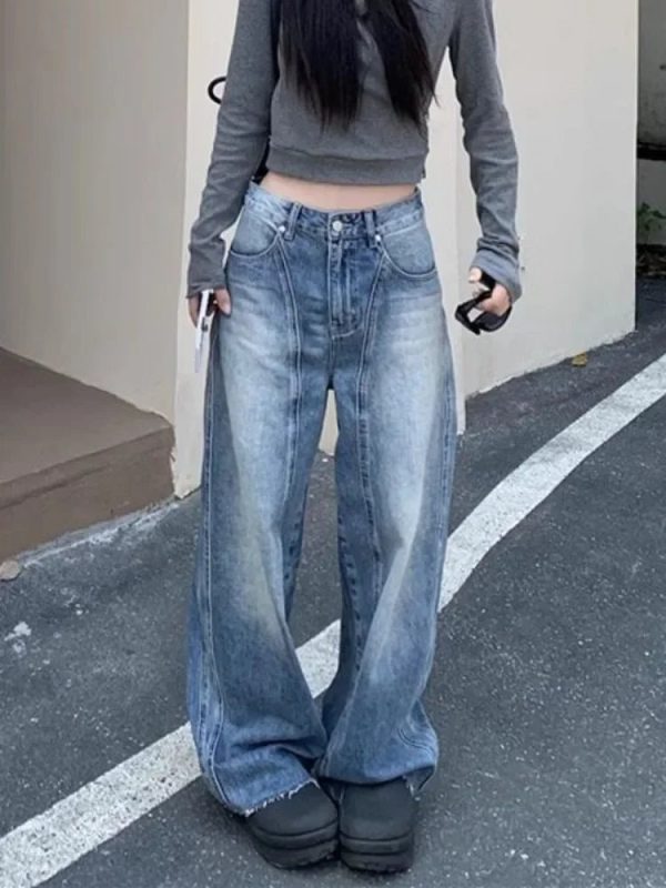 Vintage Washed Wide-Leg Jeans for Y2K Fashion and 90s Aesthetic Style