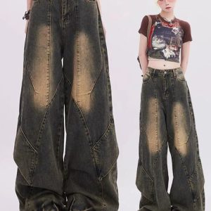 Vintage Y2K Patchwork Jeans: Trendy Grunge Style for Effortless Outfits