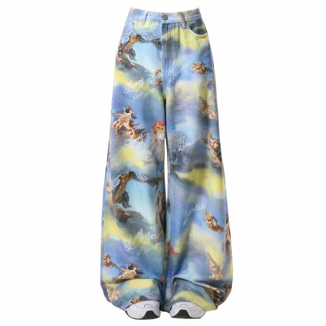 Y2K Aesthetic Angel Cat Print Wide-Leg Pants for Trendy Summer Outfits