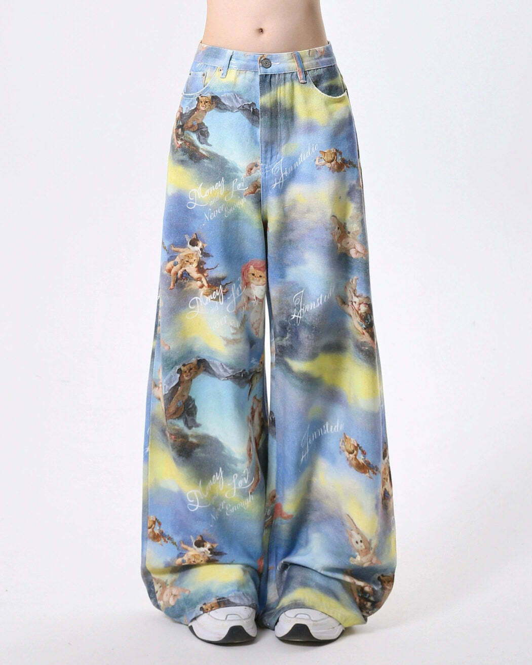 Y2K Aesthetic Angel Cat Print Wide-Leg Pants for Trendy Summer Outfits