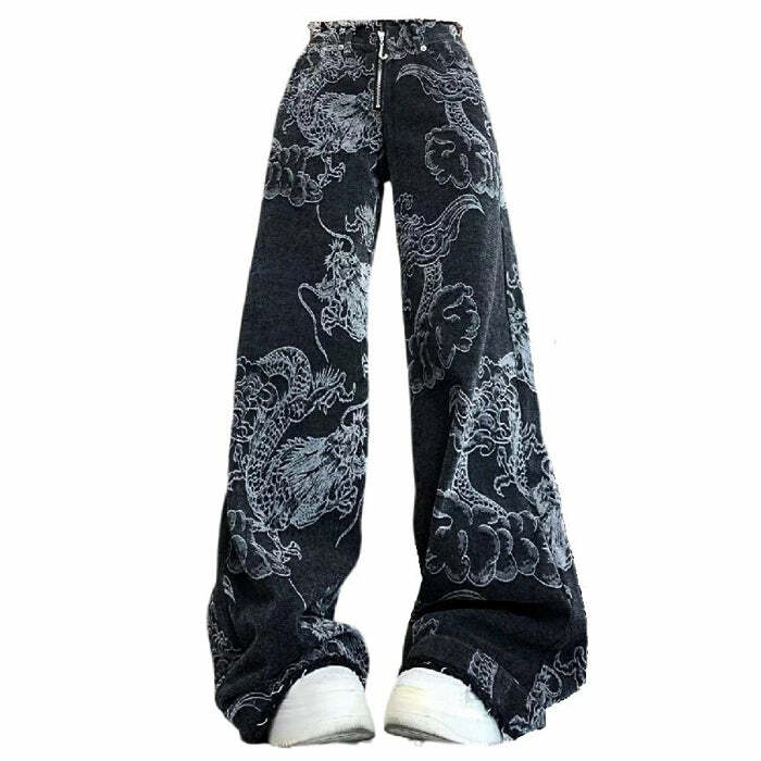 Y2K Aesthetic Japanese Dragon Wide Leg Jeans for Trendy Summer Outfits