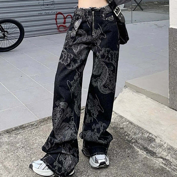 Y2K Aesthetic Japanese Dragon Wide Leg Jeans for Trendy Summer Outfits