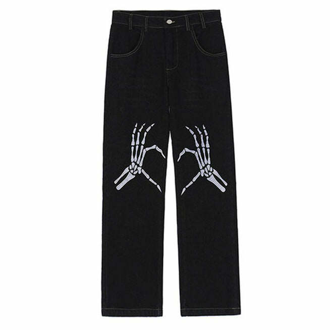 Y2K Aesthetic Skeleton Hands Embroidery Baggy Jeans for Unique Style