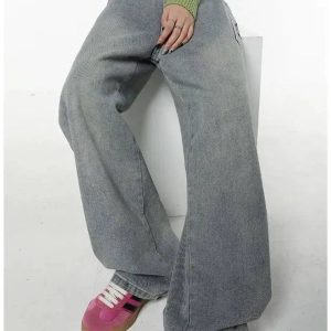 Y2K Baggy Logo Jeans for Effortless 90s Grunge Aesthetic Outfits