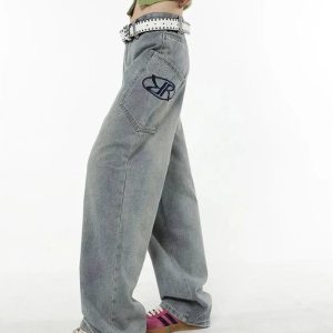 Y2K Baggy Logo Jeans for Effortless 90s Grunge Aesthetic Outfits