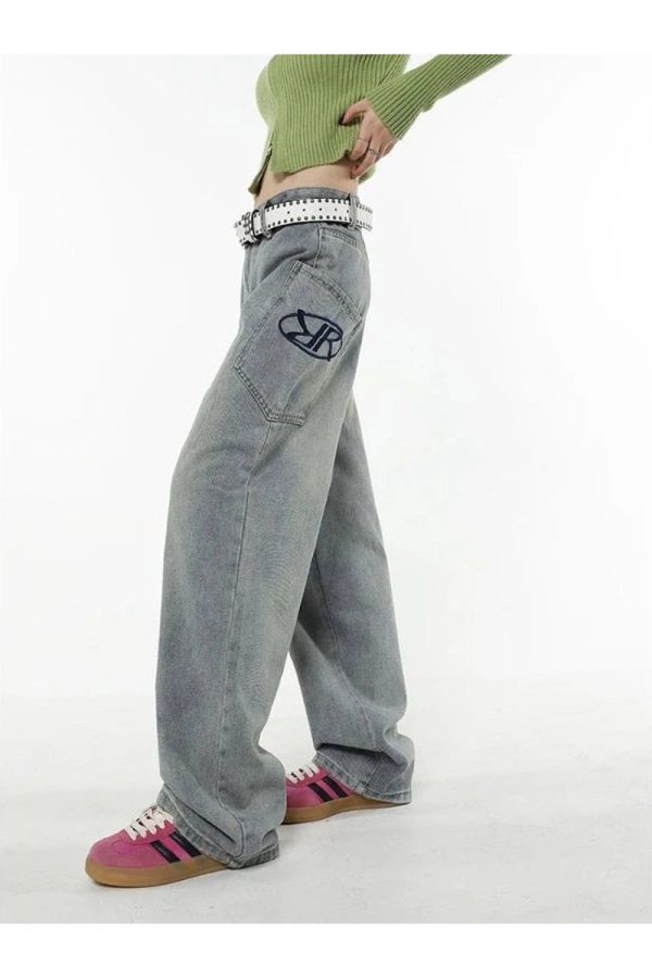 Y2K Baggy Logo Jeans for Effortless 90s Grunge Aesthetic Outfits