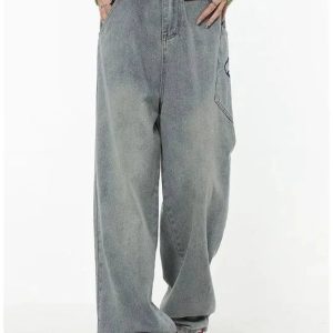 Y2K Baggy Logo Jeans for Effortless 90s Grunge Aesthetic Outfits