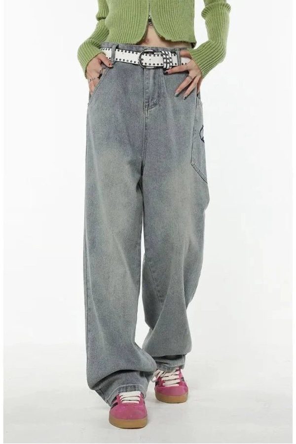 Y2K Baggy Logo Jeans for Effortless 90s Grunge Aesthetic Outfits