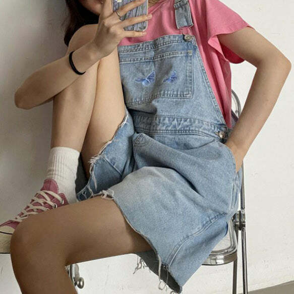 Y2K Butterfly Denim Dungaree Shorts for Trendy Summer Outfits