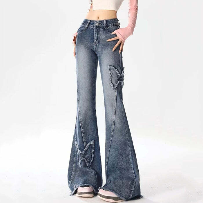 Y2K Butterfly Flare Jeans: Trendy 90s Fashion for Effortless Style