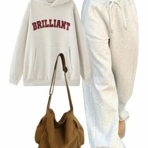 Y2K Casual Outfit: Statement Hoodie, Vintage Gray Joggers & Black Bag