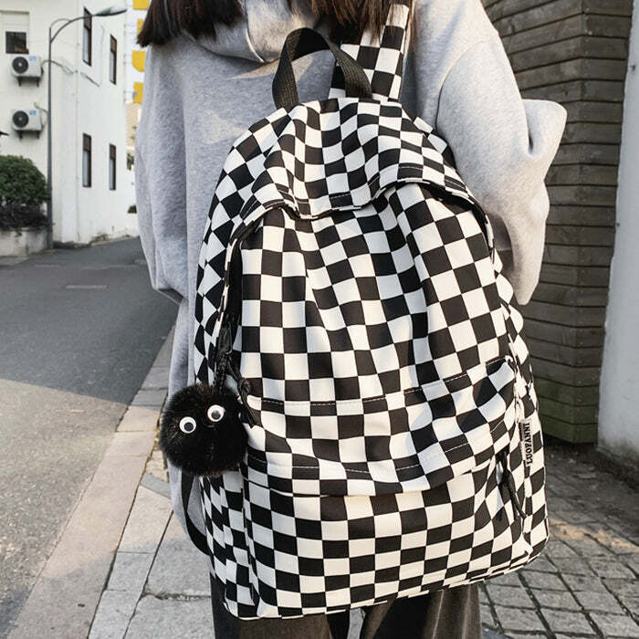 Y2K Checkered Canvas Backpack: Trendy Grunge Aesthetic for Summer Outfits