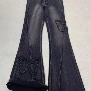 Y2K Dark Butterfly Flare Jeans for Trendy Summer Outfits