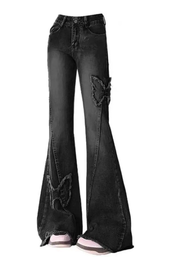 Y2K Dark Butterfly Flare Jeans for Trendy Summer Outfits