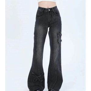 Y2K Dark Butterfly Flare Jeans for Trendy Summer Outfits