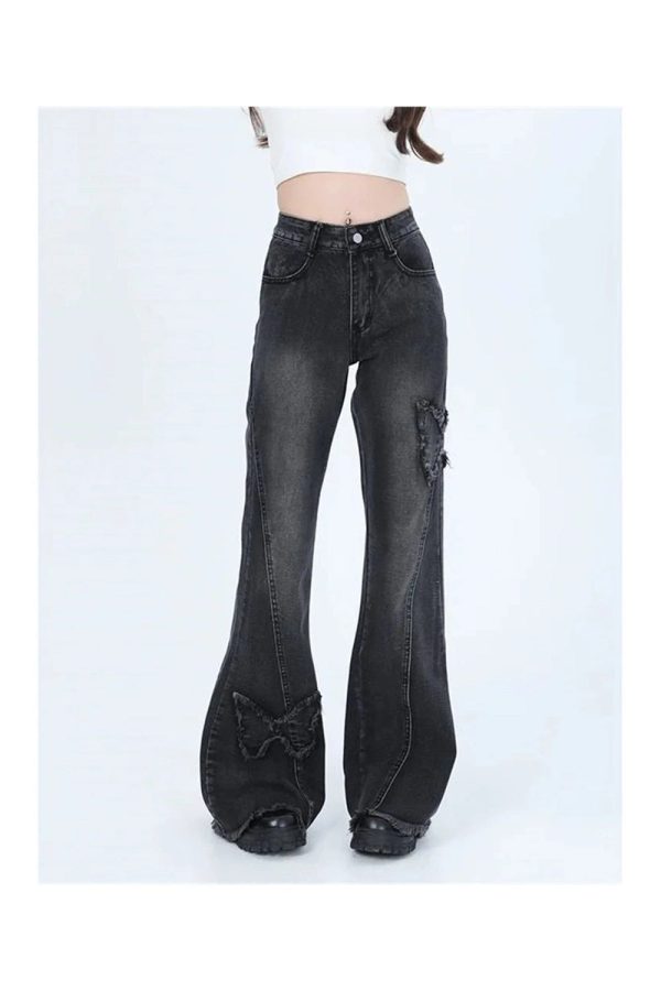 Y2K Dark Butterfly Flare Jeans for Trendy Summer Outfits