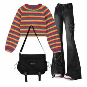 Y2K Dark Butterfly Flare Jeans & Rainbow Stripes Cropped Sweater Outfit