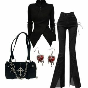 Y2K Fall Outfit: Lace-Up Flare Jeans & Asymmetrical Sweater with Gothic Bag