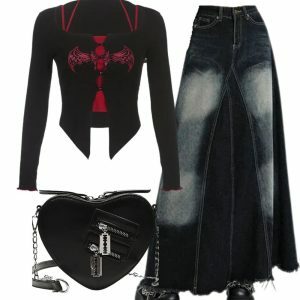 Y2K Fashion: Alt Goth Graphic Tee, Faded Black Maxi Denim Skirt & Chain Bag