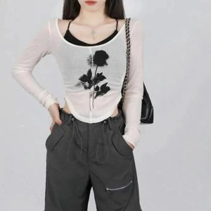 Y2K Fashion Black Rose Sheer Layered Top for Trendy Summer Outfits