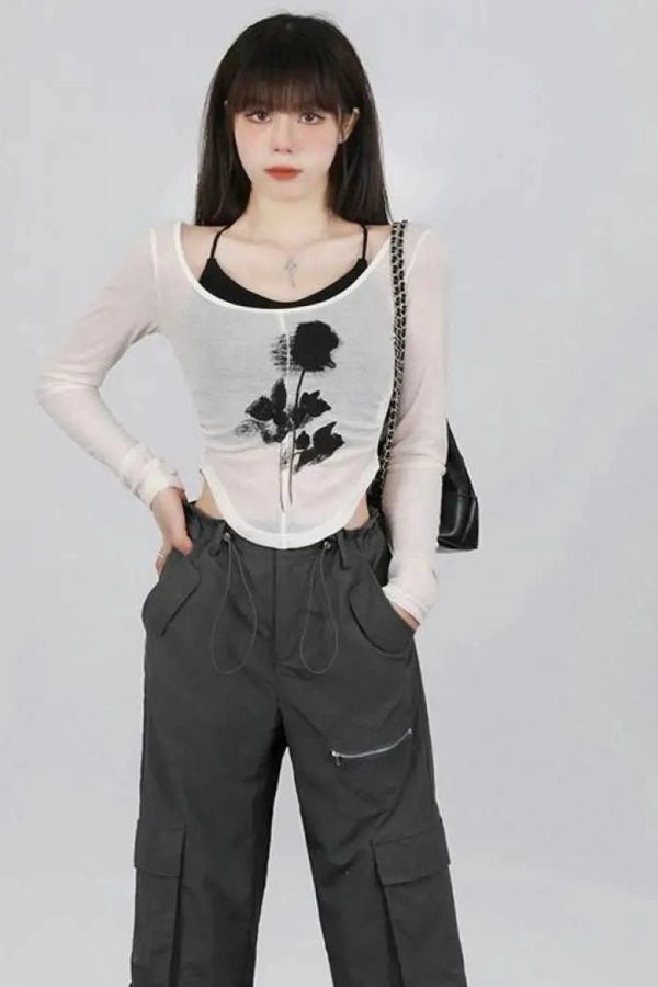 Y2K Fashion Black Rose Sheer Layered Top for Trendy Summer Outfits