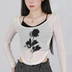 Y2K Fashion Black Rose Sheer Layered Top for Trendy Summer Outfits