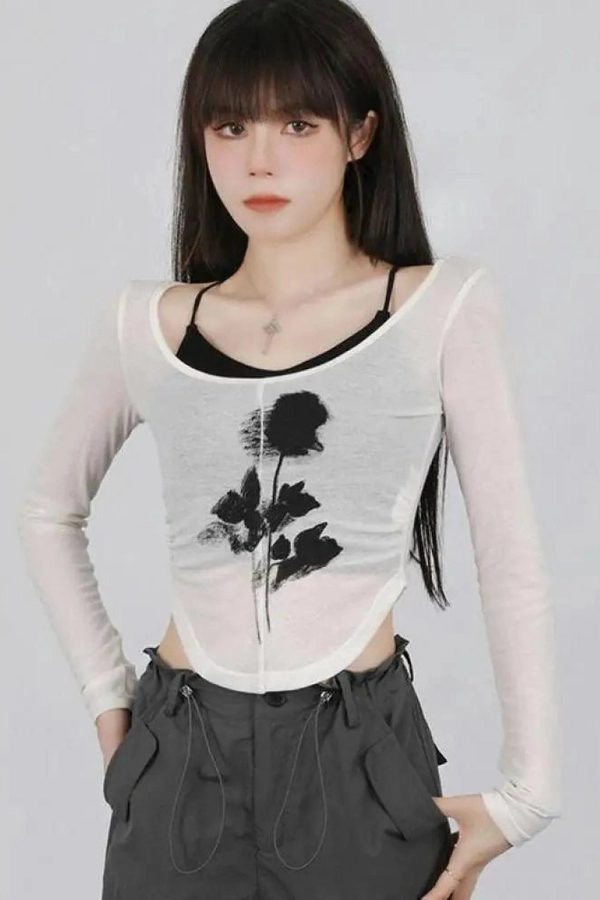 Y2K Fashion Black Rose Sheer Layered Top for Trendy Summer Outfits