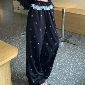 Y2K Fashion Bow Lace Trim Wide-Leg Pants for Trendy Summer Outfits